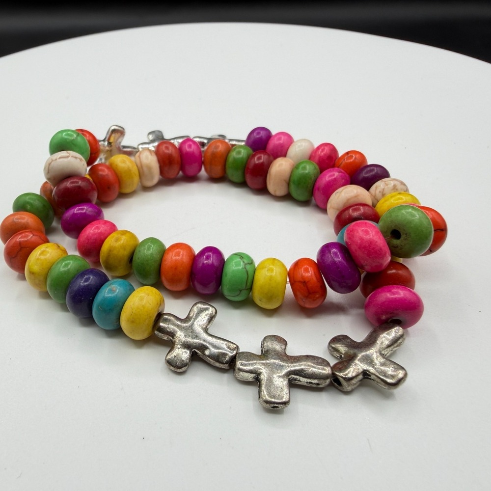 Colorful Beaded Cross Stretch Bracelet Set Boho Layering Festival Gift for Her